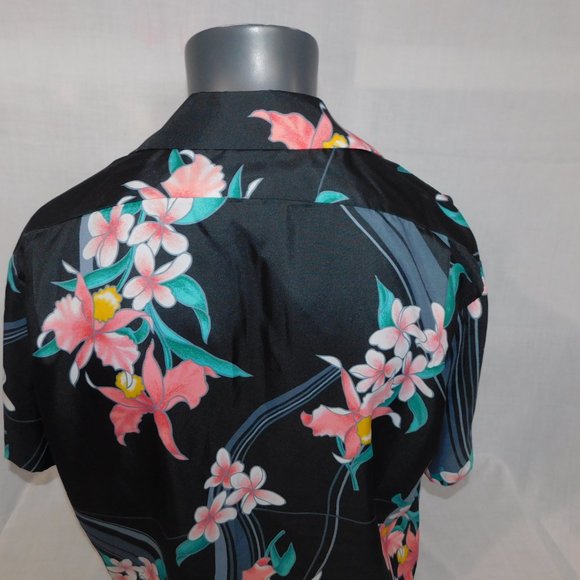 Vintage Hilo Hattie Mens XL Black Pink Green Floral Hawaiian Shirt - Picture 10 of 10